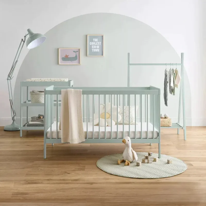 cuddleco sage green nola 3 piece set changing table cot bed clothes rail