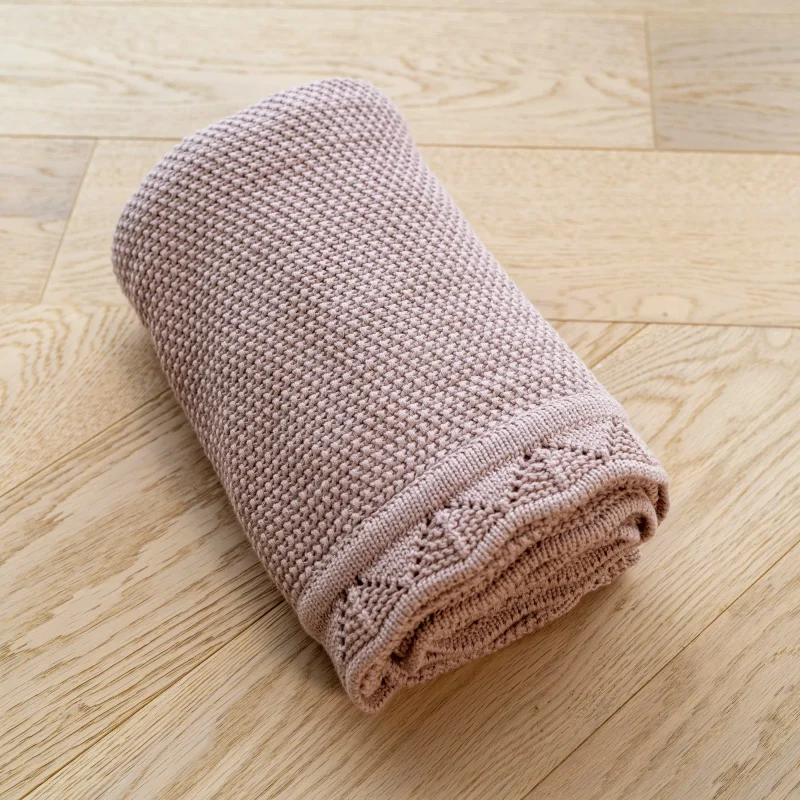 mabel fox knitted baby blanket soft rose scaled