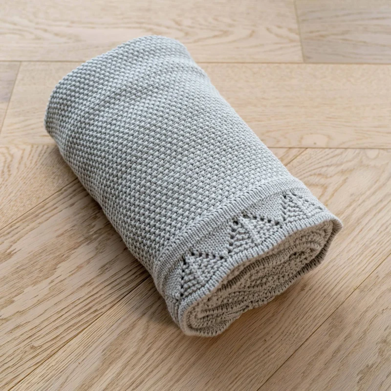 mabel fox sage grey knitted baby blanket scaled