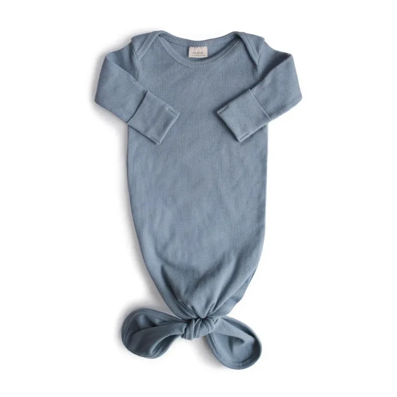 mushie ribbed knotted baby gown in tradewinds quality baby wear