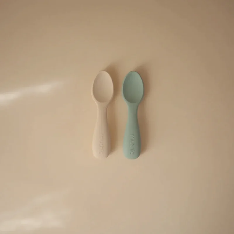 mushie silicone toddler spoons cambridge blue shifting sands 2 pack