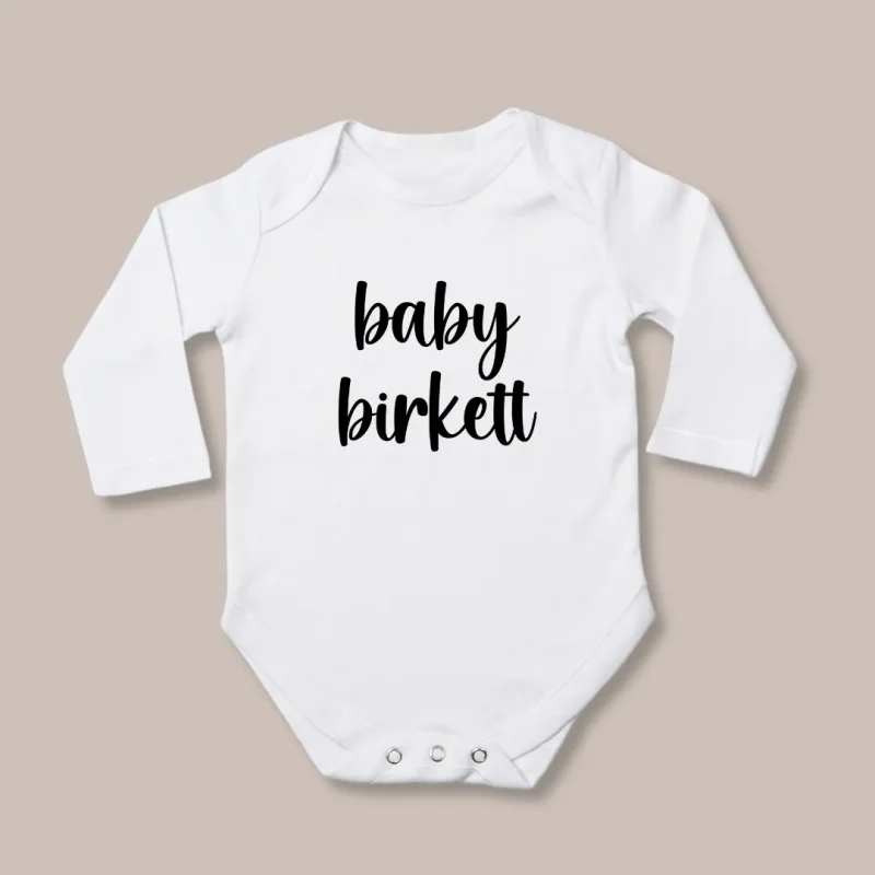 organic white baby onesie announce your new arrival mabel